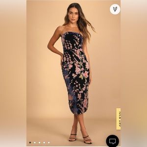 Navy Floral Print Velvet Strapless Midi Dress WITH TAG